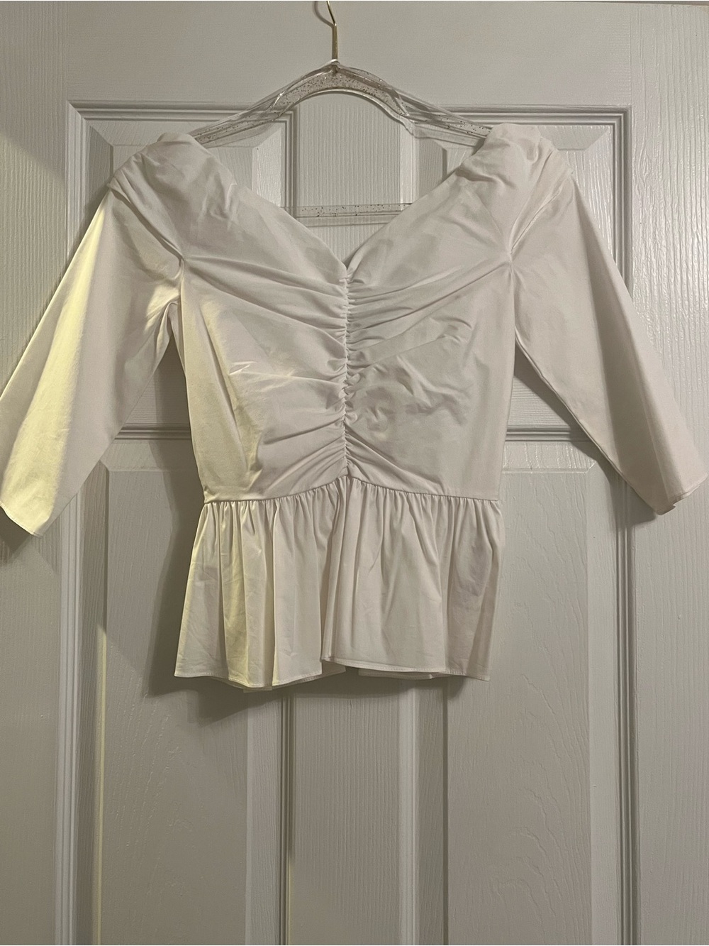 Zara White Ruched Peplum Blouse